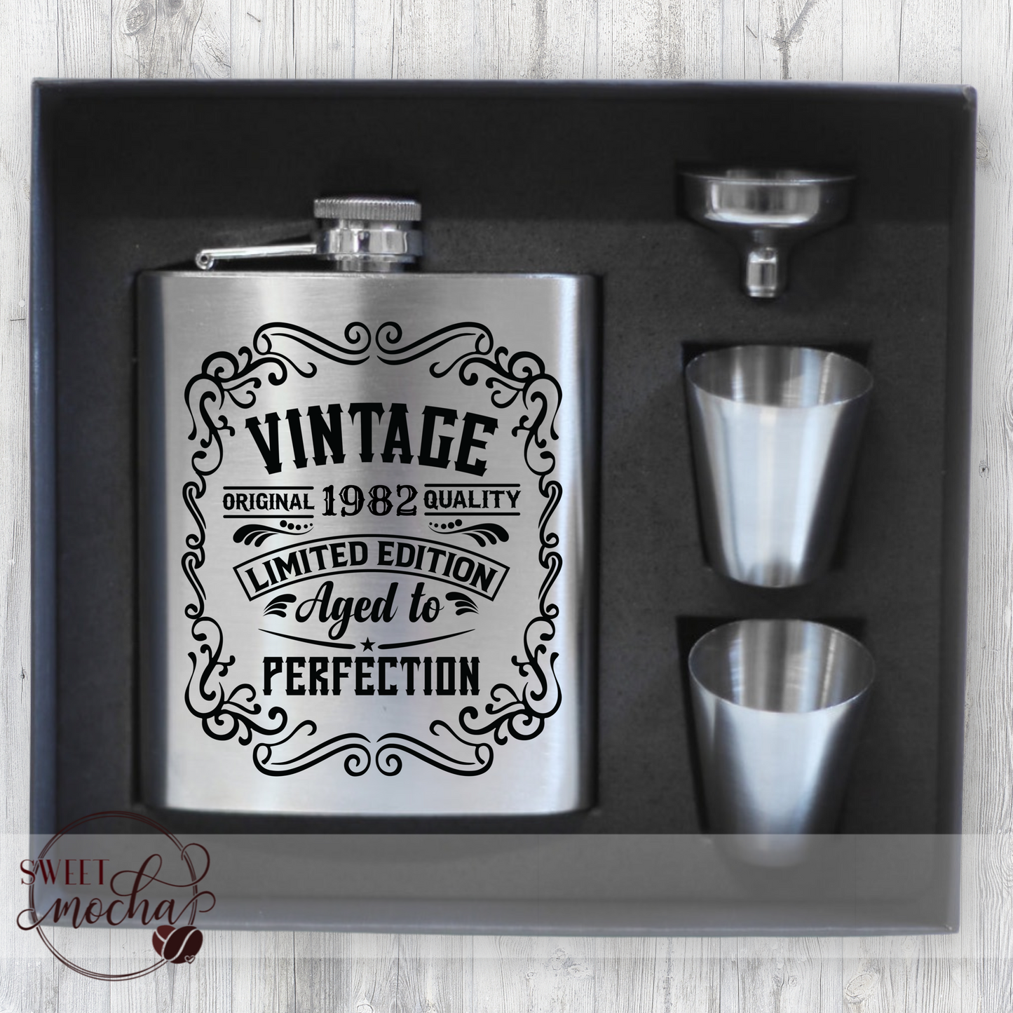 Vintage “Birth Year” Stainless Flask Gift Set